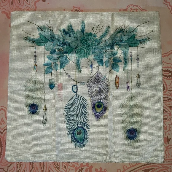 Peacock Feathers Pillow Case. Crystals Succulent Boho Chic Beautiful - Picture 2 of 11